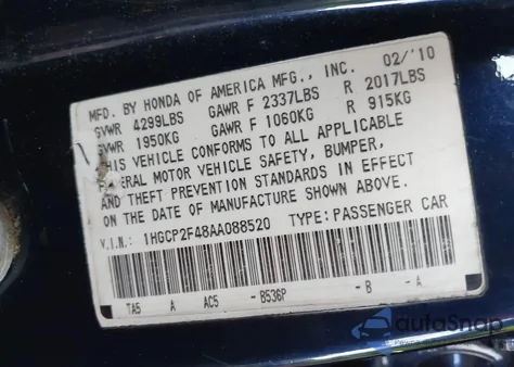 2010 Honda Accord 2.4 Lx-P z USA, uszkodzony, nr VIN 1HGCP2F48AA088520